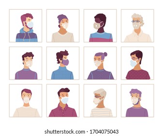 Avatars set of men in protective face masks. Coronavirus protection and prevention vector illustration. Multicultural group of people wearing disposable medical masks. Self-isolation and quarantine.