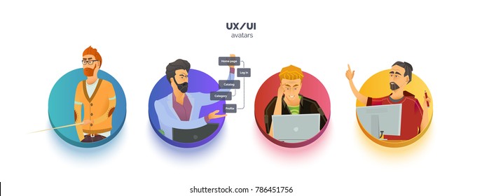 Avatars set for user experience, user interface, business. Character in the process of work. Info graphics, icons and scheme.