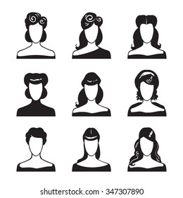 Avatars of silhouettes with different hairstyles. Set of silhouettes of female heads.