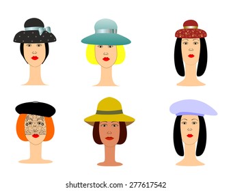 Avatars are six girls in hats vector illustration