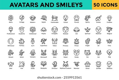 Avatars and smileys icon set with retro, vintage, modern, stylish, fashionable, casual, formal, sporty, artistic, creative icon. Simple line vector 
