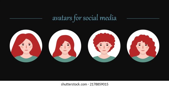 Avatars for social media. Girls portraits. Set of vector hand drawn flat colourful illustrations