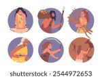 Avatars of Stone Age People Engaged In Gathering, Hunting And Cave Painting Activities. Each Person Illustrates Unique Aspect Of Prehistoric Life Showcasing Ancient Survival Skills And Artistry