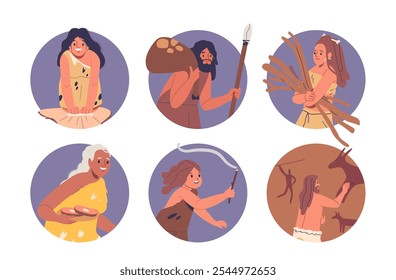 Avatars of Stone Age People Engaged In Gathering, Hunting And Cave Painting Activities. Each Person Illustrates Unique Aspect Of Prehistoric Life Showcasing Ancient Survival Skills And Artistry