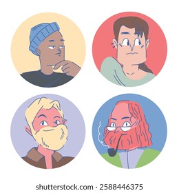 Avatars of stylized cartoon people in a round frame, various colors of skin, hair, clothes