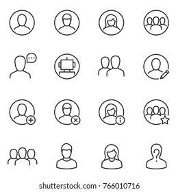 Avatars for user interface icons set. Collection silhouettes of men, women and groups of people for an app or a web site. Line with editable stroke