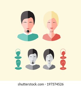 Avatars, users flat modern style, men and women face in color, black and white and silhouette interface 