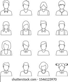 Avatars, users vector icons and profile pictures for website, application, ui, icon set in flat line style.People, linear design. Collection of different icons.