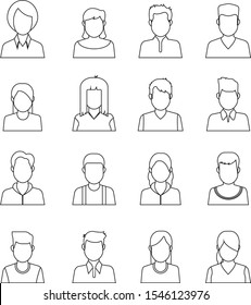 Avatars, users vector icons and profile pictures for website, application, ui, icon set in flat line style.People, linear design. Collection of different icons.