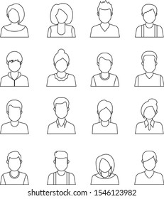 Avatars, users vector icons and profile pictures for website, application, ui, icon set in flat line style.People, linear design. Collection of different icons.