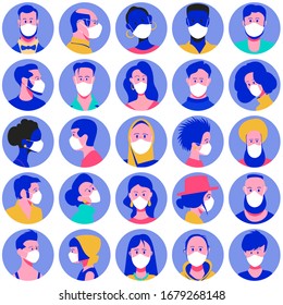 Avatars of various people in protective masks. Men and women who follow the recommendations for the prevention of coronavirus. Vector.