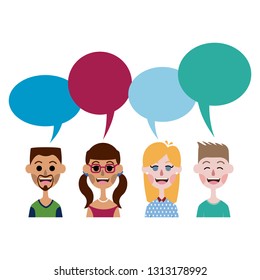 Avatars vector of people talking with colorful speech balloons. Group of friends talking with speech ballons.