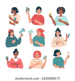 Avatars of women holding business items. People with various elements of planning, management, attracting. Effective work, solutions, ideas. Goal, hourglass, dice, money. Isolated vector illustration	