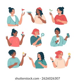 Avatars of women holding business items. People with various elements of strategy, planning, management, brainstorm. Phone, pencil, light bulb, magnific glass in arm. Vector illustration	