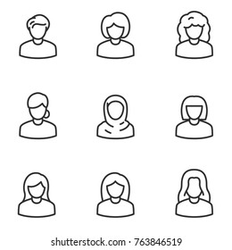 Avatars of women icon set, linear design. Collection of different icons. Line with editable stroke