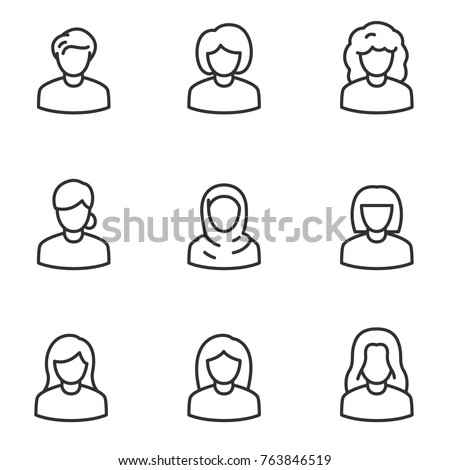 Avatars of women icon set, linear design. Collection of different icons. Line with editable stroke