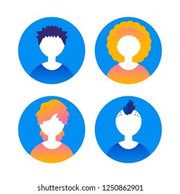 Avatars, women, and men with different hairstyles heads in flat style. Vector illustration in the circle. Business gradient style people