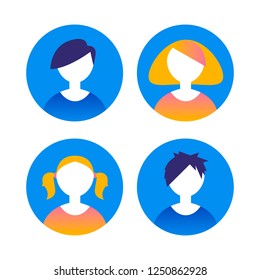 Avatars, women, and men with different hairstyles heads in flat style. Vector illustration in the circle. Business gradient style people