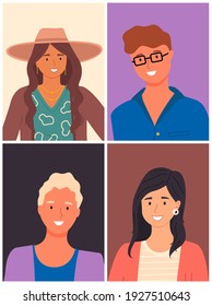 Avatars of young international people. Young guys and girls. Diverse nations, ethnicity. Woman in hat, young brown-haired guy in glasses, attractive blonde man, smiling spanish brunette girl