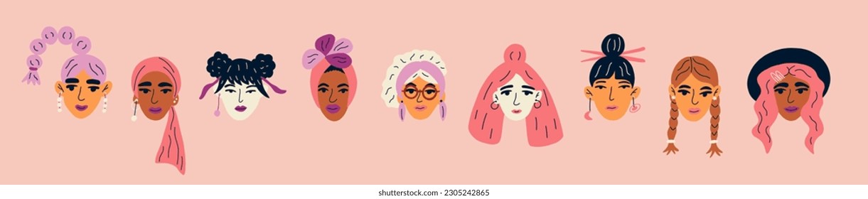 Avatars of young women of different nationalities. Sisterhood concept is for Asians, African Americans, Latin Americans, Europeans and others. Cartoon vector illustration. 