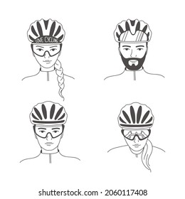 Avatars of young women and men wearing bicycle helmets and sports goggles. Portrait of a cyclist in uniform in doodle line style. Isolated vector sketch illustration
