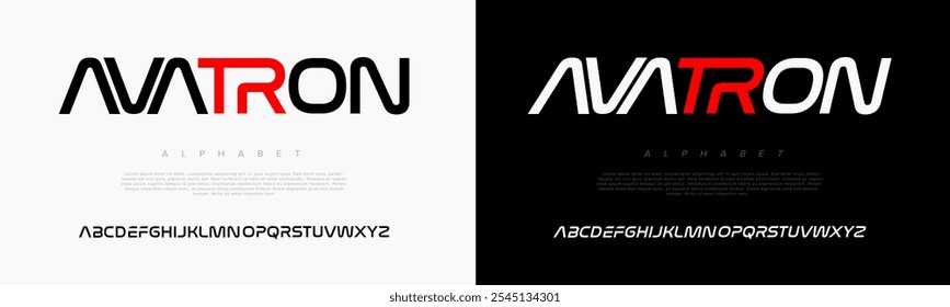 Avatron creative modern geometric urban alphabet font. Digital abstract futuristic, game, techno, robot, music, logo, sport, minimal technology typography. Simple numeric vector illustration