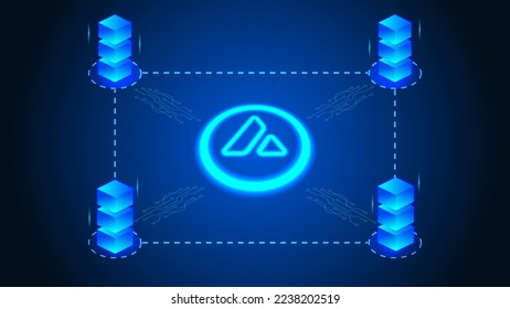 Avax moneda virtual en blockchain. Ilustración 3d de negocios y finanzas. Bloques de conexión alrededor del logotipo del neón AVAX. Ilustración de avalancha para banner, sitio web, página de inicio, anuncios, plantilla de volante.