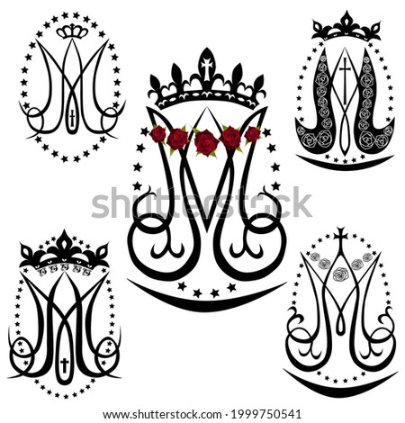 Ave Maria. Monogram of the Blessed Virgin Mary with crown, cross and stars. Set of religious signs. Vector design. Foto stock © 