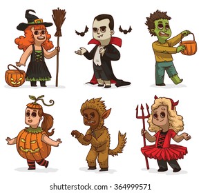 aVector cartoon image of seven children in variety of Halloween costumes: witch, Dracula, zombie, pumpkin, devil and werewolf on a white background. Holiday, Halloween. Vector illustration.