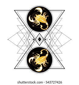 aVector illustration depicting a scorpion. Cover for calendars, notebooks, books. Tattoo. Printing on T-shirts, souvenirs, mugs. Astrology, totem animal, symbolism, spirituality, mysticism, style.