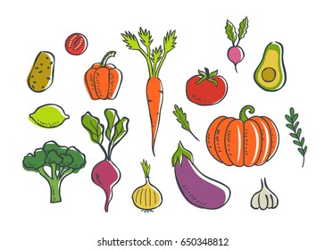 aVegetables icons set. Vegetarian and vegan food collection. Sketch style vector illustration isolated on white  background.