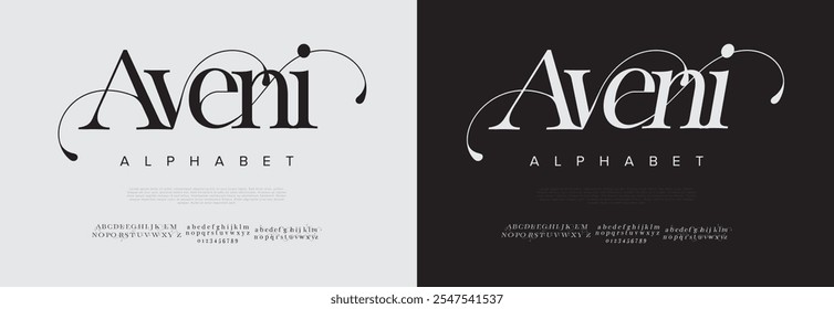 Aveni typography beauty fashion elegante minimalista serif italic Fuentes decorativas de la boda vintage retro logos. Logotipo de alfabeto de fuente de lujo mínimo. Ilustración vectorial