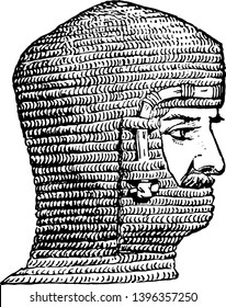 Aventail is a bendabe curtain of chainmail vintage line drawing or engraving illustration.