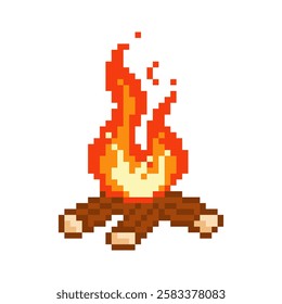 Average burning pixel bonfire. Fire has flared up with warm atmosphere of picnic and relaxation after hiking trip