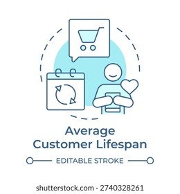 Average customer lifespan soft blue concept icon. Business metric, product purchase. Consumer experience. Round shape line illustration. Abstract idea. Graphic design. Easy to use in booklet