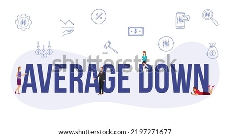 average down stock market concept with big word or text and people with modern flat style
