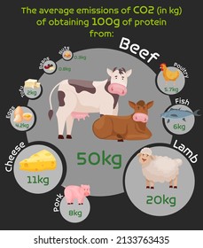 The average emissions of CO2, in kilograms, of obtaining 100 gram of protein from beef, lamb, pork, cheese, eggs, tofu, beans, nuts. Vertical poster. Editable vector illustration in cartoon style.