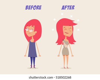 Average girl become a beauty before and after illustration