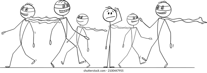 Average man thinking in crowd of confident superheroes, vector cartoon stick figure or character illustration.