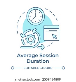 Average session duration soft blue concept icon. Spending time on website. Audience engagement metric. Round shape line illustration. Abstract idea. Graphic design. Easy to use in infographic