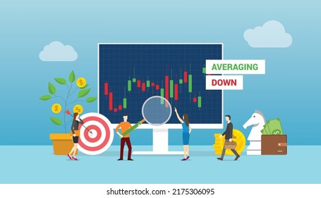 averaging down stock concept with team people working on stocks market graph and chart with modern flat style