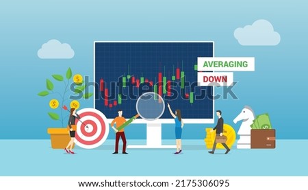 averaging down stock concept with team people working on stocks market graph and chart with modern flat style