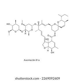 Avermactin B1a flat skeletal molecular structure Avermectin anti parasitic drug used in Parasitic infection treatment. Vector illustration.