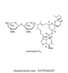 Avermectin A1a skeletal structure.Macrocyclic Lactone compound schematic illustration. Simple diagram, chemical structure.