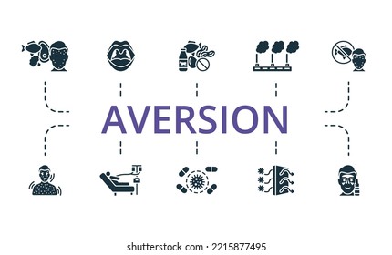 Aversion icon set. Monochrome simple Aversion icon collection. Food Allergy, Adenoids, Allergen, Air Pollution, Elimination Diet, Anaphylaxis, Chemotherapy, Antibiotic Resistant, Hepa Filter