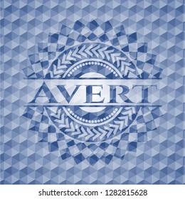 Avert blue emblem with geometric background.