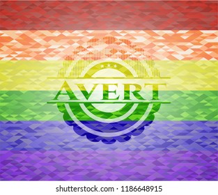 Avert emblem on mosaic background with the colors of the LGBT flag