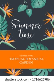 Avesome design for you personal cover with text Summer time. Floral frame design with text tempate. Tropical theme for book cover. Leaf texture illustration in modern style. Vector illustration.