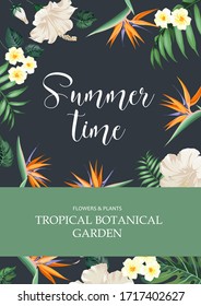 Avesome design for you personal cover with text Summer time. Floral frame design with text tempate. Tropical theme for book cover. Leaf texture illustration in modern style. Vector illustration.