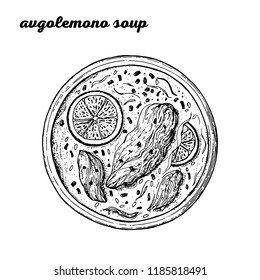 Avgolemono soup hand drawn vector illustration. Greek cuisine. Linear graphic. Food sketch.